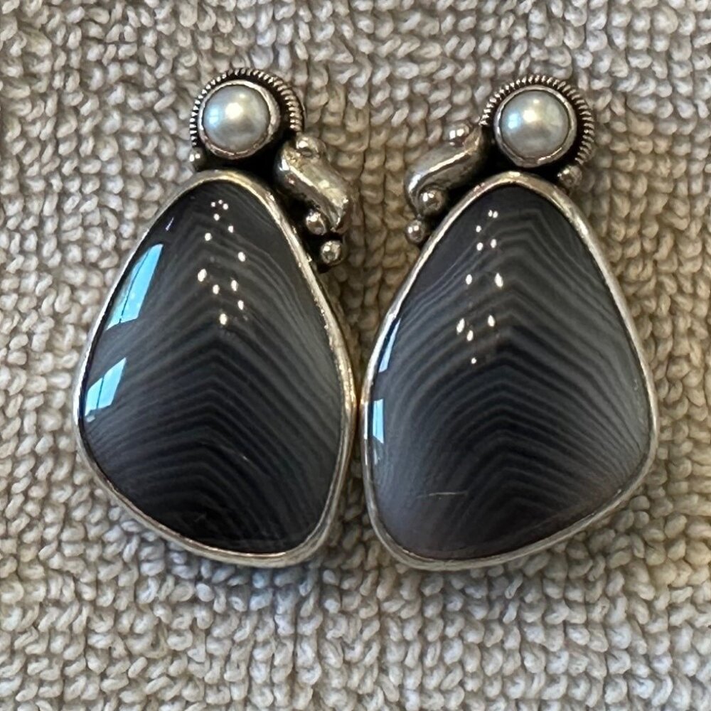 Botswana Agate & Freshwater Pearl Sterling Silver Clip Earrings